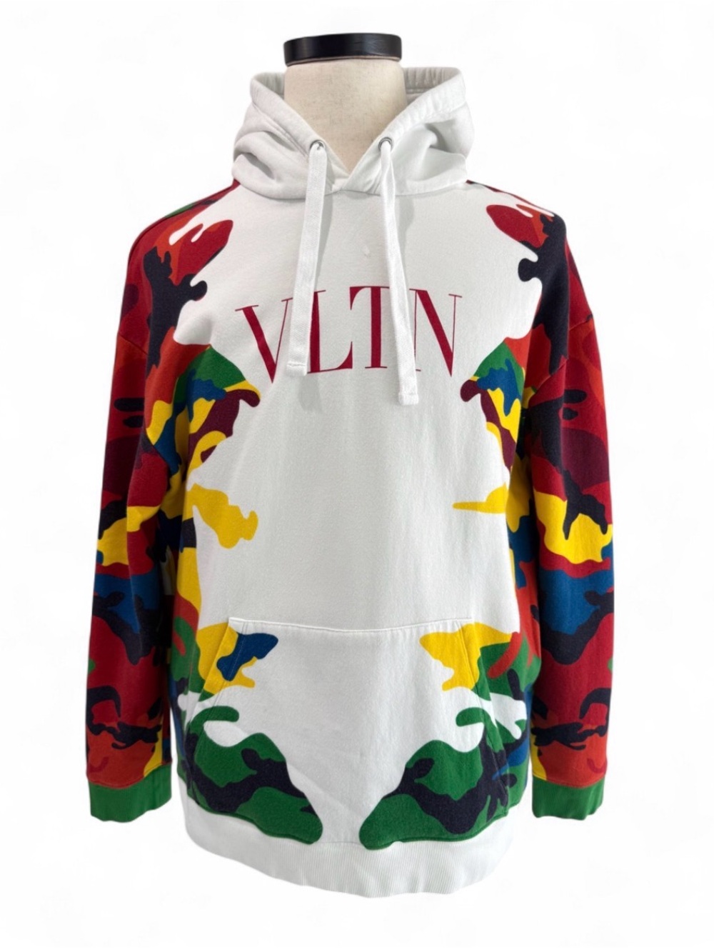 Valentino White Hooded Sweater with Red Logo and Multi-Color Camouflage